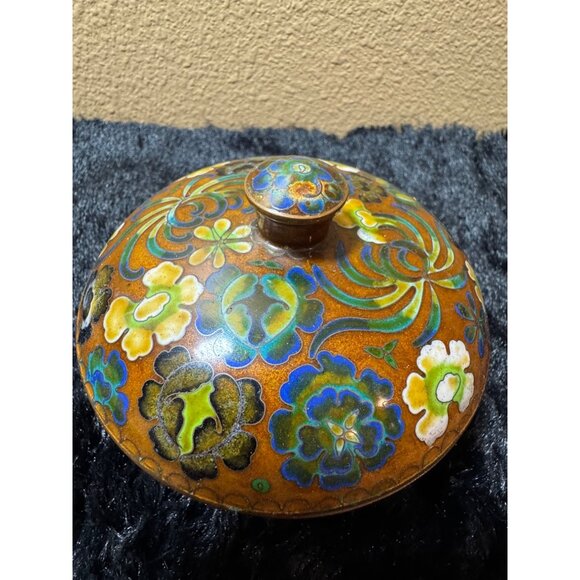 Vintage Chinese Cloisonné Enamel Lidded Bowl With Floral Design Round  3.5” - Picture 2 of 8